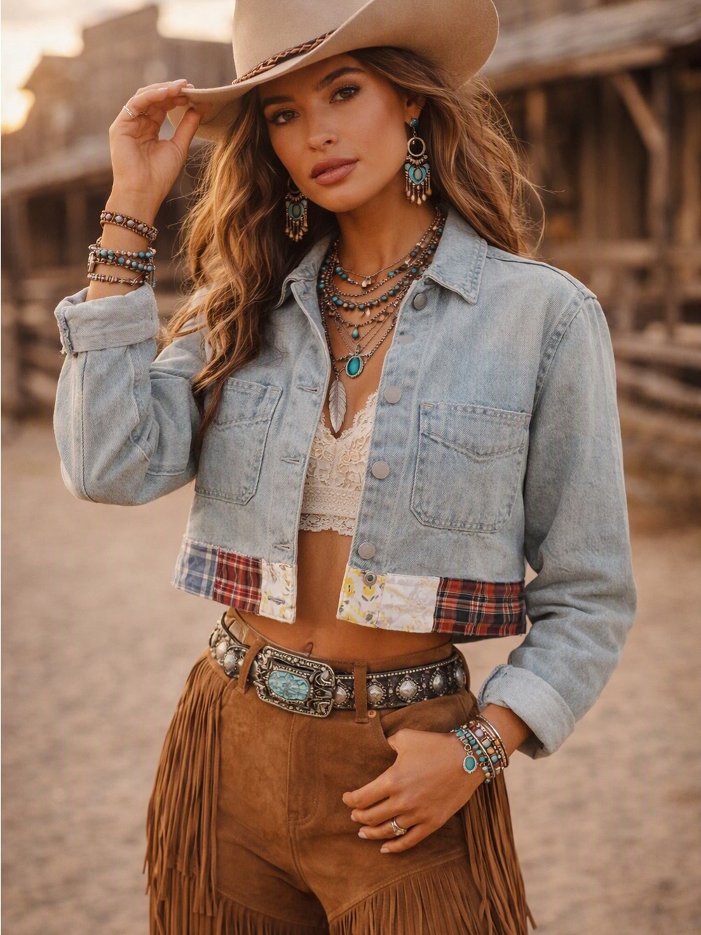 Upcycled Cropped Light Blue Denim Jacket with Vintage Quilt Patchwork Trim